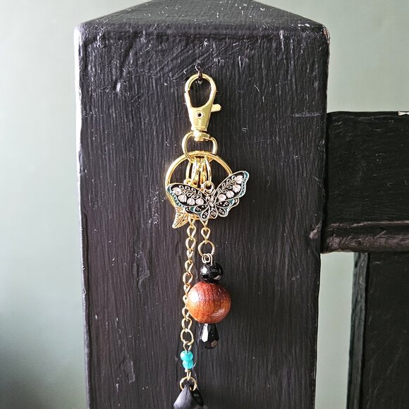 Handmade Earthy Keychain with Natural Stone Beads, Butterfly Accent - Picture 4 of 6